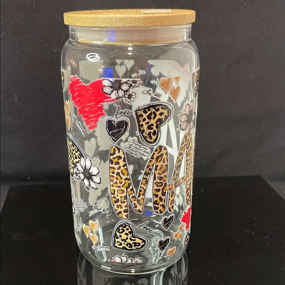 Leopard Print Mama Glass Tumbler with Bamboo Lid - Picture 2 of 5